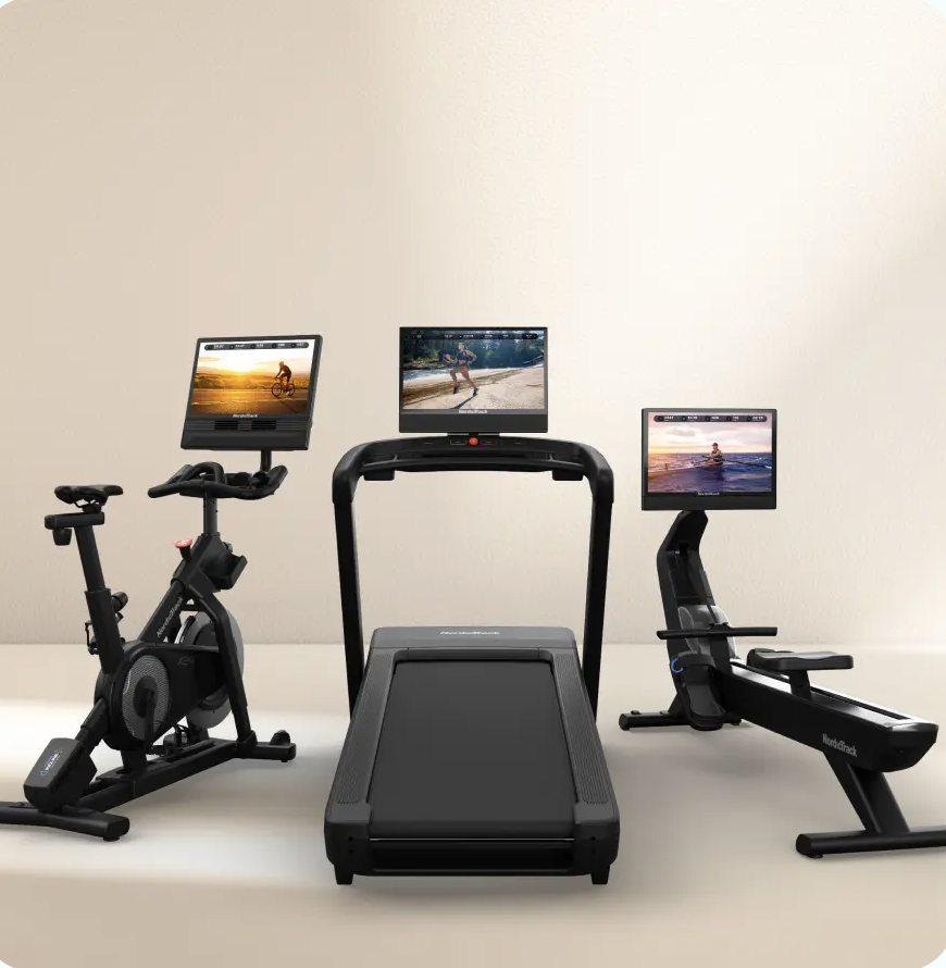 Stationary bike, treadmill, and rowing machine with NordicTrack displays